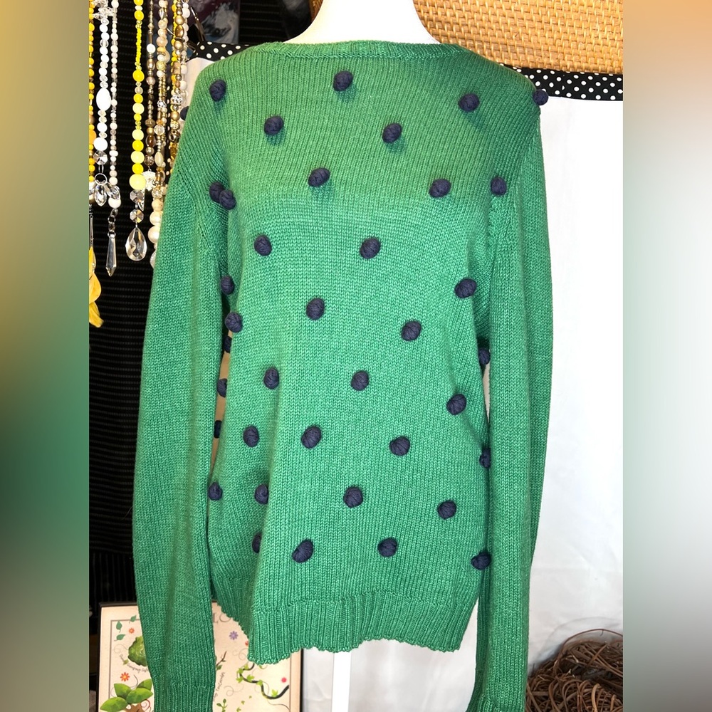 Talbots Green Sweater with Navy Pom Poms Size Medium - Picture 2 of 6